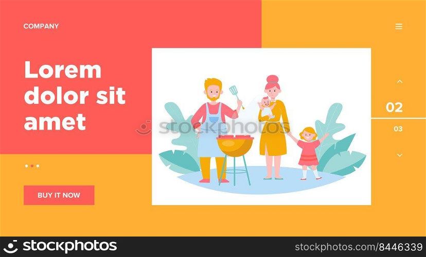 Family with kids grilling barbecue meat outdoors. Picnic, children, parents  flat vector illustration. Leisure, summer, food concept for banner, website design or landing web page