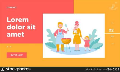 Family with kids grilling barbecue meat outdoors. Picnic, children, parents  flat vector illustration. Leisure, summer, food concept for banner, website design or landing web page
