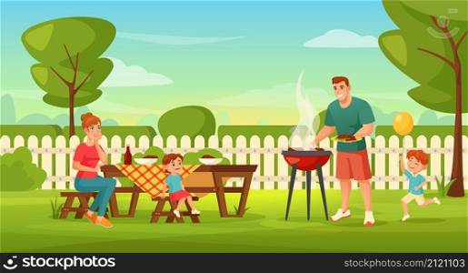 Family with kids having outdoor barbecue party in backyard. Man grilling meat, parent and children doing summer bbq picnic vector illustration. Mother, father and children on weekend. Family with kids having outdoor barbecue party in backyard. Man grilling meat, parent and children doing summer bbq picnic vector illustration