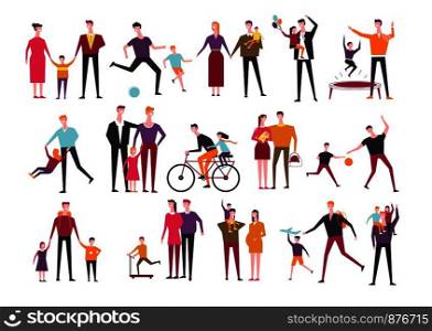 Family with kids playing together. Vector father, mother and children boy or girl having fun time together on bicycle, trampoline or play sport ball and walking. Vector family and children playing