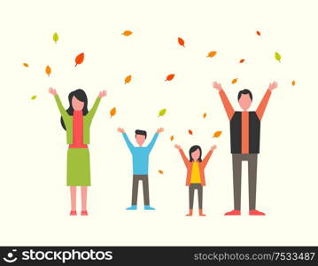 Family with kids playing with autumn leaves in park vector. Father and mother with children happy time together, fall season. Autumnal period outdoors. Family with Kids Playing with Autumn Leaves Park