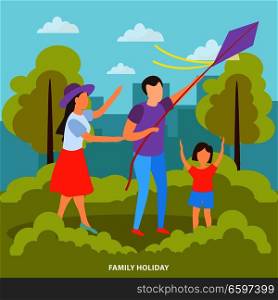 Family with kids summer outdoor activities orthogonal composition with kite flying in city park background vector illustration . Family Outdoor Orthogonal Background
