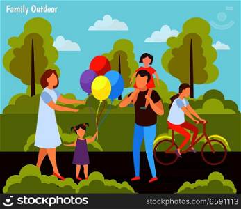 Family with kids summer weekend activities orthogonal composition with bike riding in countryside outdoor games vector illustration . Family Outdoor Orthogonal Composition 