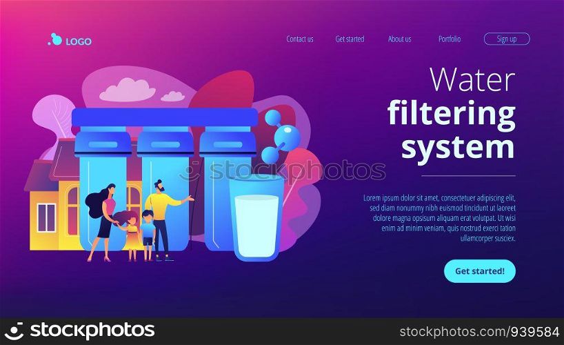 Family with kids use home purification filters to lower contamination. Water filtering system, home water treatment, water delivery service concept. Website vibrant violet landing web page template.. Water filtering system concept landing page.