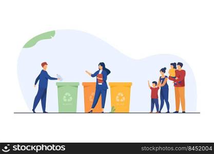 Family with kids watching garbage sorting. Plastic, ecology, trash flat vector illustration. Environment and recycling concept for banner, website design or landing web page