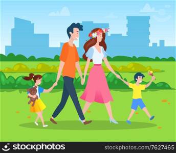 Family with two kids walking in green city park together. Boy eating ice cream, girl holding teddy bear. Woman wearing wreath of flowers vector illustration. Family weekend in park. Family with Two Kids Walking in City Park Vector