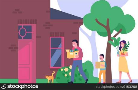 Family with various boxes moves into new big house. Parents and kid carrying stuff. Residential building exterior. People relocation. Happy couple and son in home yard. Real estate. Vector concept. Family with various boxes moves into new big house. Parents and kid carrying stuff. Residential building exterior. People relocation. Happy couple and son in home yard. Vector concept