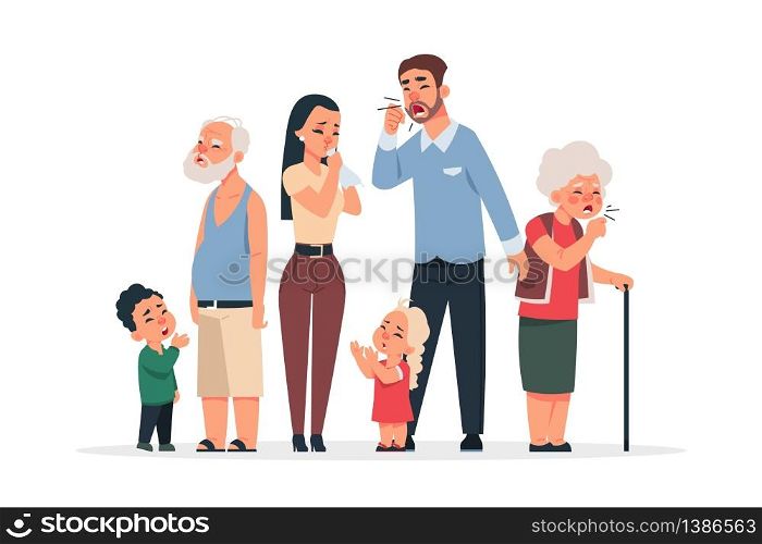 Family with virus. Coronavirus disease symptoms and prevention, cartoon young and old characters coughing and sneezing. Vector illustration ill family on quarantine concept. Family with virus. Coronavirus disease symptoms and prevention, cartoon young and old characters coughing and sneezing. Vector ill family on quarantine
