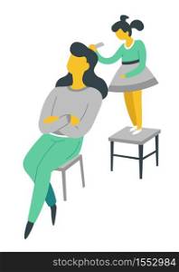 Family woman and daughter brushing her hair isolated female characters vector girl on chair doing hairstyle or hairdo her mother bringing up child schoolgirl mom and kid playing and leisure pastime. Woman and daughter brushing her hair isolated characters family
