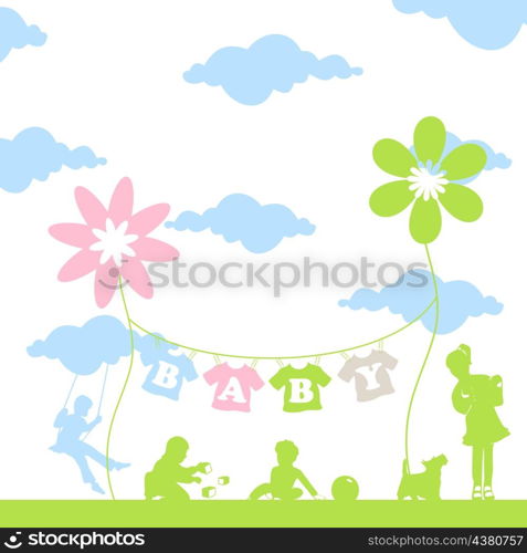 Family7. Children play a glade under the sky. A vector illustration