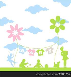 Family7. Children play a glade under the sky. A vector illustration
