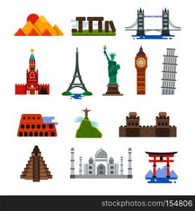 Famous architecture world travel vector landmarks icons. Collection of famous landmarks pyramid and pisa tower, big be and, taj mahal landmark illustration. Famous architecture world travel vector landmarks icons