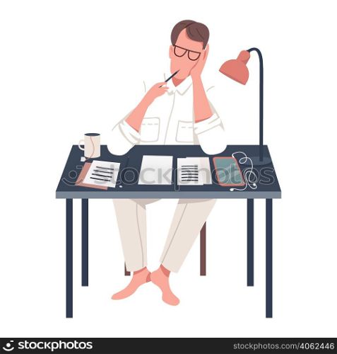 Famous author struggling with new book semi flat color vector character. Sitting figure. Full body person on white. Simple cartoon style illustration for web graphic design and animation. Famous author struggling with new book semi flat color vector character