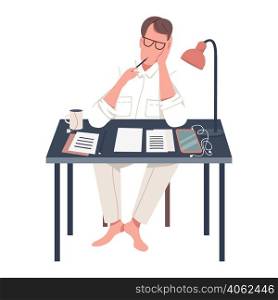 Famous author struggling with new book semi flat color vector character. Sitting figure. Full body person on white. Simple cartoon style illustration for web graphic design and animation. Famous author struggling with new book semi flat color vector character
