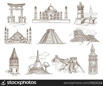 Famous buildings and architecture world landmarks vector torii gate and Taj Mahal Tower Bridge and Sultan Ahmed Mosque Mayan pyramid and Coliseum Galata tower and Swedaon pagoda Great wall and Big Ben. World landmarks famous buildings and architecture isolated sketches
