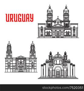 Famous buildings of Uruguay. National Shrine of the Sacred Heart of Jesus, Church of Our Lady of the Mount Carmel, Cathedral of Mercedes. Vector thin line icons of architecture landmarks for souvenirs, travel guide elements. Uruguay architecture landmarks icons