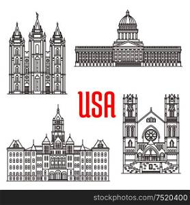 Famous buildings symbols and icons of US. Salt Lake Temple, Utah State Capitol, Salt Lake City and County Building, Cathedral of the Madeleine. American architecture landmarks for souvenirs, travel map elements. Famous buildings symbols and icons of US