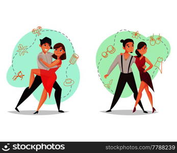 Famous dance styles 2 web templates set with pairs tango and salsa moves retro isolated vector illustration . Pair Dance 2 Templates Set