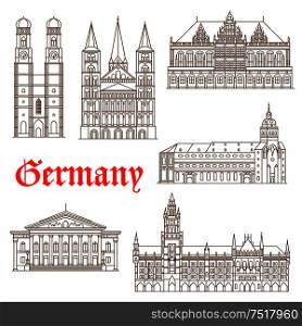 Famous german architectural travel landmarks thin line symbol with tourist attractions of Munich such as National Theatre and New Town Hall, St. Peter Church and Frauenkirche Cathedral also Bonn Cathedral and Bremen Town Hall. Famous landmarks of german architecture icon