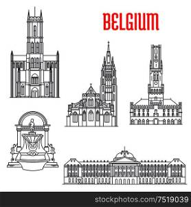 Famous historic buildings of Belgium. Thin line icons of Manneken Pis, Royal Palace, Belfry of Bruges, Church of Our Lady, St Bavo Cathedral. Belgian showplaces symbols for souvenirs, postcards, t-shirts. Historic buildings and architecture of Belgium