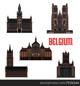 Famous historic buildings of Belgium. Vector detailed icons of Belfry of Ghent, St Bavo Cathedral, St Michael Catherdral, Antwerp Central Station. Belgian architecture symbols for print, souvenirs, postcards. Historic buildings and architecture of Belgium