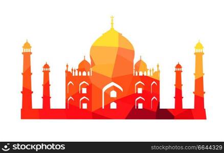 Famous Indian building of Taj Mahal with rounded roofs, tall towers and pattern on walls isolated vector illustration on white background.. Famous Indian Building of Taj Mahal Illustration