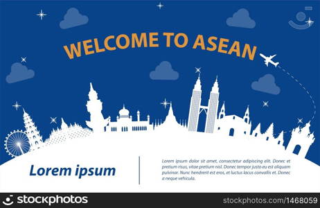 famous landmark of ASEAN,travel destination,silhouette design with white and dark blue color,vector illustration