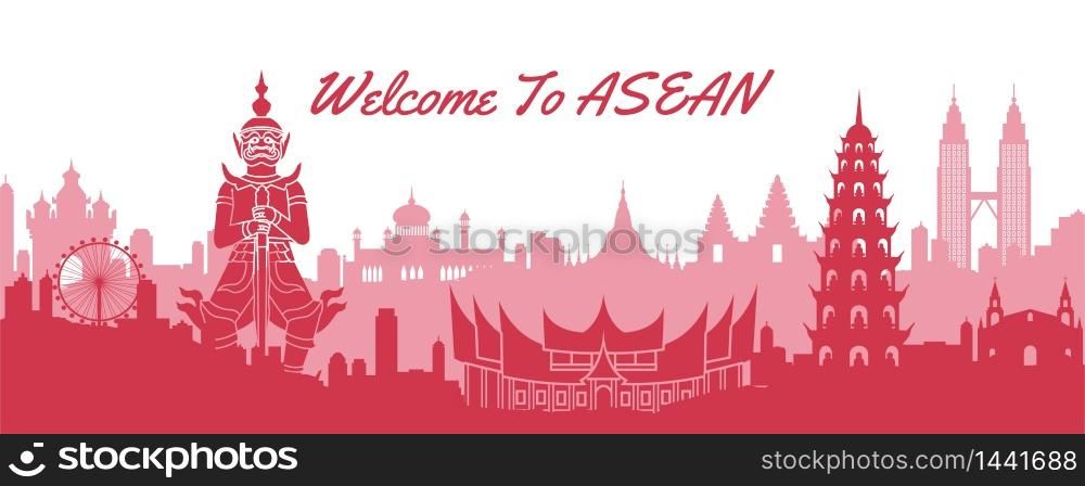 famous landmark of ASEAN,travel destination with silhouette classic design,vector illustration