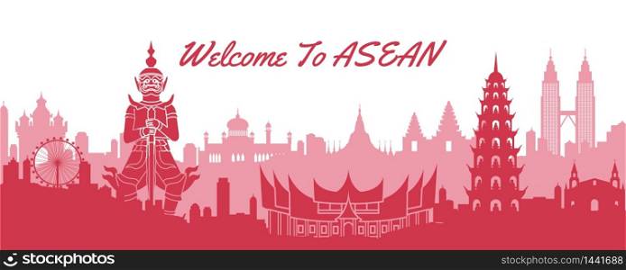 famous landmark of ASEAN,travel destination with silhouette classic design,vector illustration