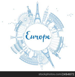 Famous landmarks in Europe. Outline Vector illustration. Business travel and tourism concept with place for text. Image for presentation, banner, placard and web site