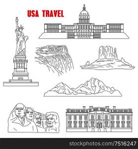 Famous landmarks of USA for travel design with thin line icons of mount Rushmore national memorial, the statue of Liberty, Grand canyon, Capitol, White House, Niagara falls and Rocky mountains. Thin line style USA landmarks