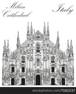 Famous Milan Cathedral in black color on piazza in Milan, Italy. Graphic hand drawing illustration. Vector isolated on a white background.