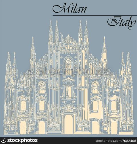 Famous Milan Cathedral ivory color on piazza in Milan, Italy. Graphic hand drawing illustration. Vector isolated on a blue background.
