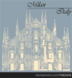 Famous Milan Cathedral ivory color on piazza in Milan, Italy. Graphic hand drawing illustration. Vector isolated on a blue background.