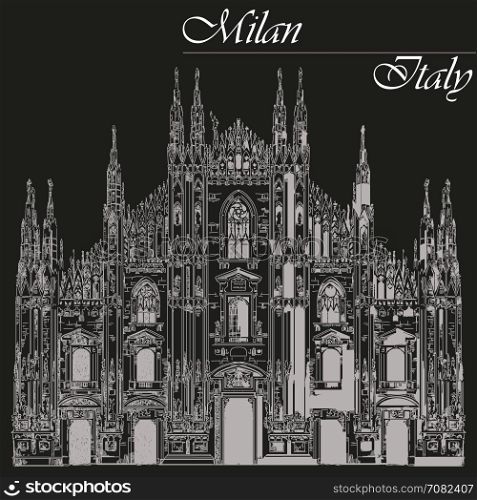 Famous Milan Cathedral on piazza in Milan, Italy. Graphic hand drawing illustration. Vector isolated on a black background.