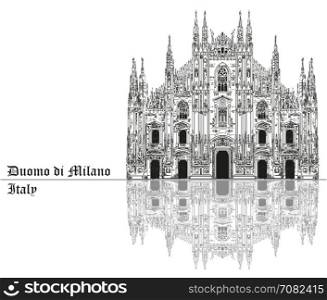 Famous Milan Cathedral with shadow on piazza in Milan, Italy. Graphic hand drawing illustration. Vector isolated on a black background.