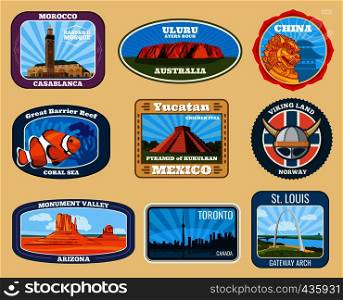 Famous monuments and national landmarks retro vector travel labels. Famous monument and landmark sticker illustration. Famous monuments and national landmarks retro vector travel labels