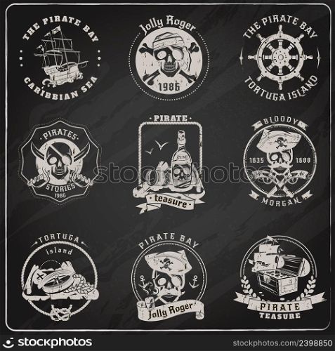Famous pirate stories games and legends emblems pictograms set in chalk on blackboard abstract isolated vector illustration. Pirate emblems blackboard chalk set