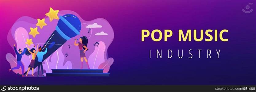 Famous pop singer near huge microphone singing and tiny people dancing at concert. Popular music, pop music industry, top chart artist concept. Header or footer banner template with copy space.. Popular music concept banner header.