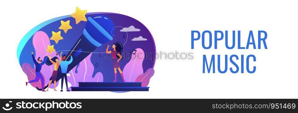Famous pop singer near huge microphone singing and tiny people dancing at concert. Popular music, pop music industry, top chart artist concept. Header or footer banner template with copy space.. Popular music concept banner header.