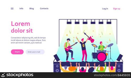 Famous rock band playing music and singing at stage flat vector illustration. Cartoon crowd of people standing near scene and waving hands. Concert and performance concept