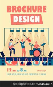 Famous rock band playing music and singing at stage flat vector illustration. Cartoon crowd of people standing near scene and waving hands. Concert and performance concept