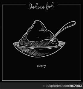 Famous spicy piquant curry sauce from traditional Indian food. Aromatic thick liquid dish of stewed vegetables with condiments in bowl with spoon isolated cartoon flat monochrome vector illustration.. Famous spicy picant curry sauce from traditional Indian food