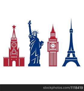 Famous to the Monuments of Russia, the United States, Britain and France. Isolated Objects on a White Background.