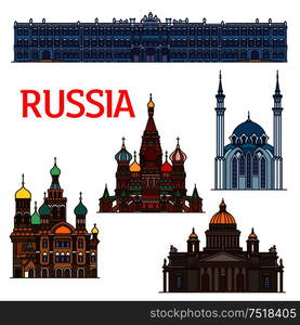 Famous travel landmarks of Russia linear icon of ornamental orthodox Cathedral of Vasily the Blessed and Church of the Savior on Spilled Blood, Saint IsaacCathedral, Winter Palace, Qolsharif Mosque. Colorful linear travel landmarks of Russia icon