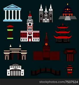 Famous world landmarks flat icons with temples, palaces, ancient buildings and architecture details. Famous world landmarks flat icons