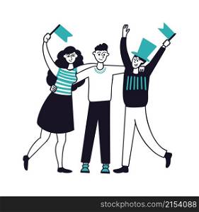Fan characters. Friends on sport competition or concert. Football fans with flags. Isolated demonstration people group, flat vector characters. Illustration of fan football, entertainment character. Fan characters. Friends on sport competition or concert. Football fans with flags. Isolated demonstration people group, flat vector characters