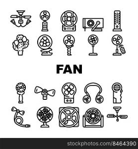 Fan Electronic Cooling Device Icons Set Vector. Ceiling And Floor Fan, Children Ventilator In Cactus Shape And Connected To Mobile Phone. Gadget Remote Control And Manual Black Contour Illustrations. Fan Electronic Cooling Device Icons Set Vector