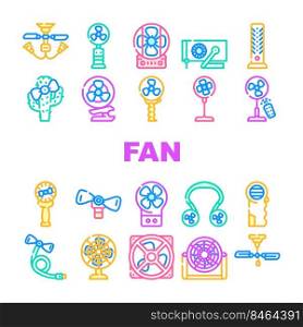 Fan Electronic Cooling Device Icons Set Vector. Ceiling And Floor Fan, Children Ventilator In Cactus Shape And Connected To Mobile Phone. Gadget With Remote Control And Manual Color Illustrations. Fan Electronic Cooling Device Icons Set Vector