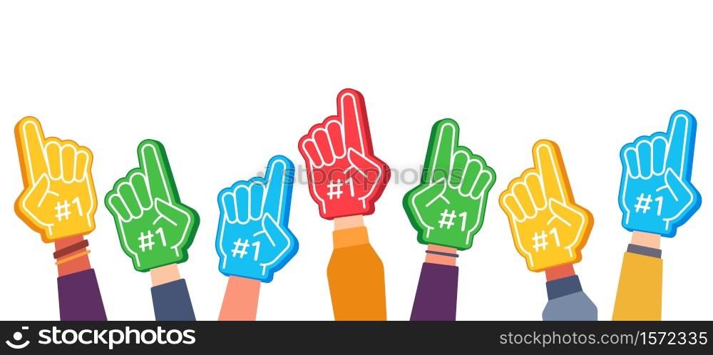 Fan foam fingers. Hands up with glove with number one, stadium supporter pride accessory, football victory symbol, success vector concept. Best sport team cheering, first place in competition. Fan foam fingers. Hands up with glove with number one, stadium supporter pride accessory, football victory symbol, success vector concept
